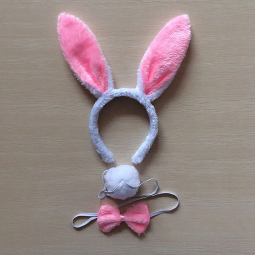 Rabbit Bunny Ears Headband para crianças e adultos, conjunto de caudas de laço, traje de festa cosplay branco e rosa, 3 peças