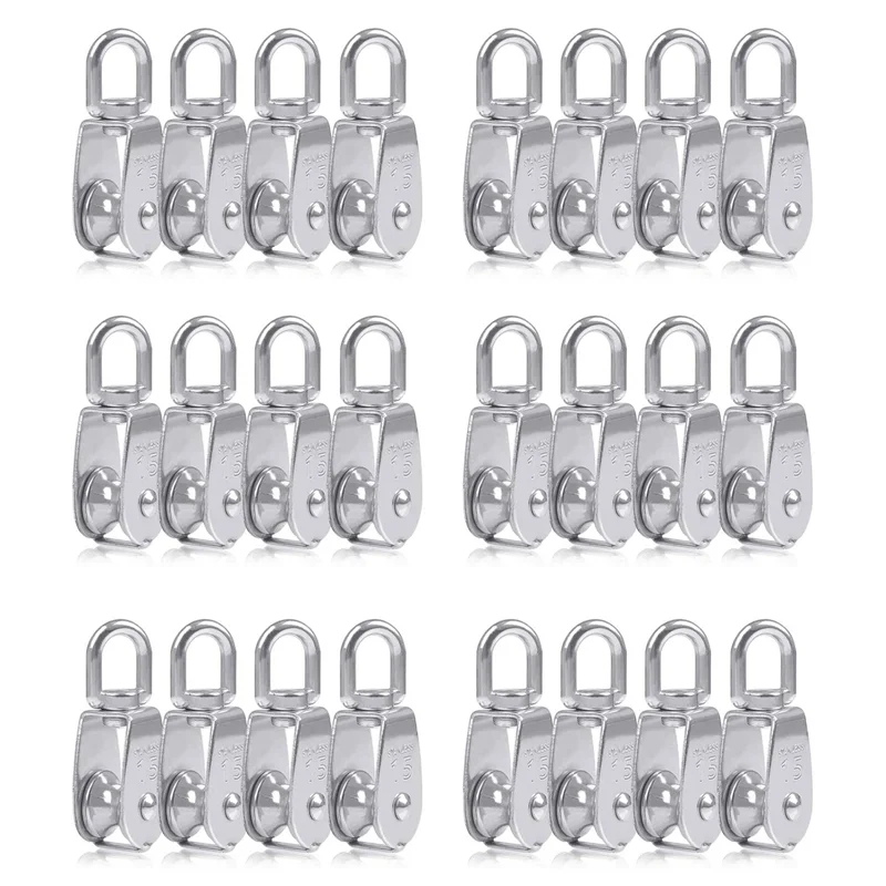 FAST-24PCS Single Pulley Block M15 Stainless Steel Small Pulley Roller For Rope Cord In Outdoor 360°Swivel Silver Pulley