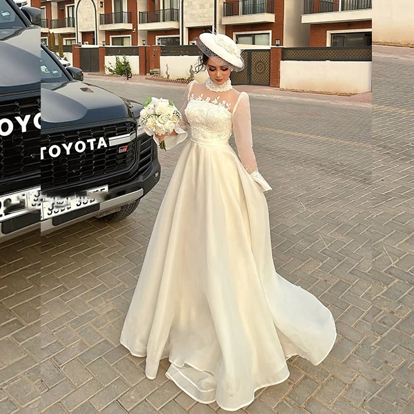 

Elegant Wedding Dresses Illusion Long Flare Sleeve High Neck Appliques Muslim Dress A Line Sweep Train Bridal Gowns Customized