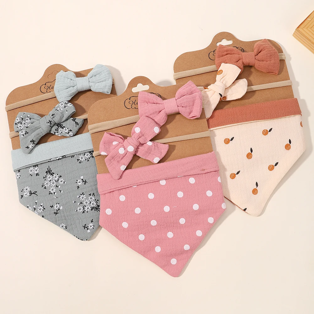 3Pcs/Set Muslin Cotton Print Bib Newborn Bows Headband Triangle Saliva Towel Infant Boy Girl Feeding Burp Baby Hair Accessories