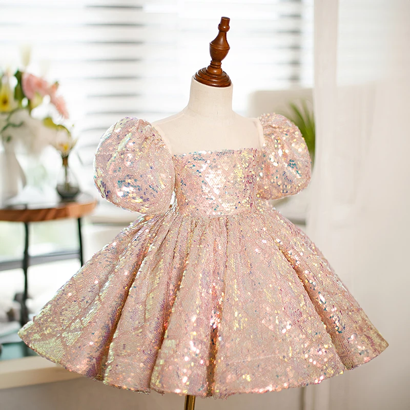 

Toddler Girls Party Birthday Sequin Dresses for Pageant Short Evening Gowns Kids Princess Champagne Luxury Gala Dress Children