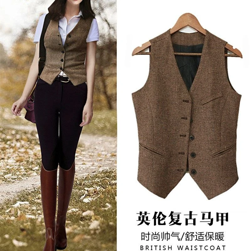 Vintage Tweed Equestrian Riding Vest Women V-neck Single Breasted Sleeveless Blazer Jackets Outwear Corset Tank Tops Riding Cami
