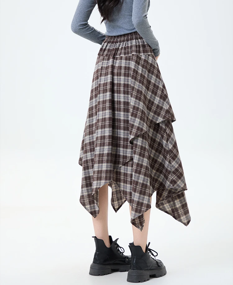 Y2k xadrez midi saia feminina coreano design irregular cintura alta uma linha guarda-chuva saia longa magro versátil outono