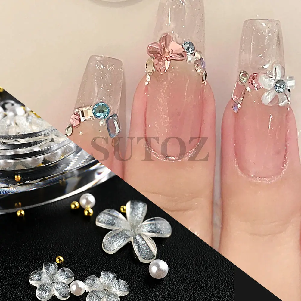 Pétalos de resina acrílica para decoración de uñas, cristal de hielo de cinco pétalos, adorno de perlas, estilo 3D, joyería de manicura, LE6G-SFH