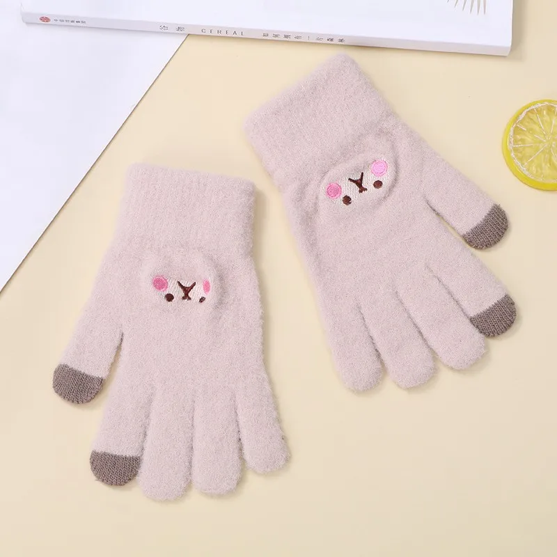 Winter Warm Funny Thickened Touchscreen Gloves with Embroidered Cute Cartoon Smiling Face for Women