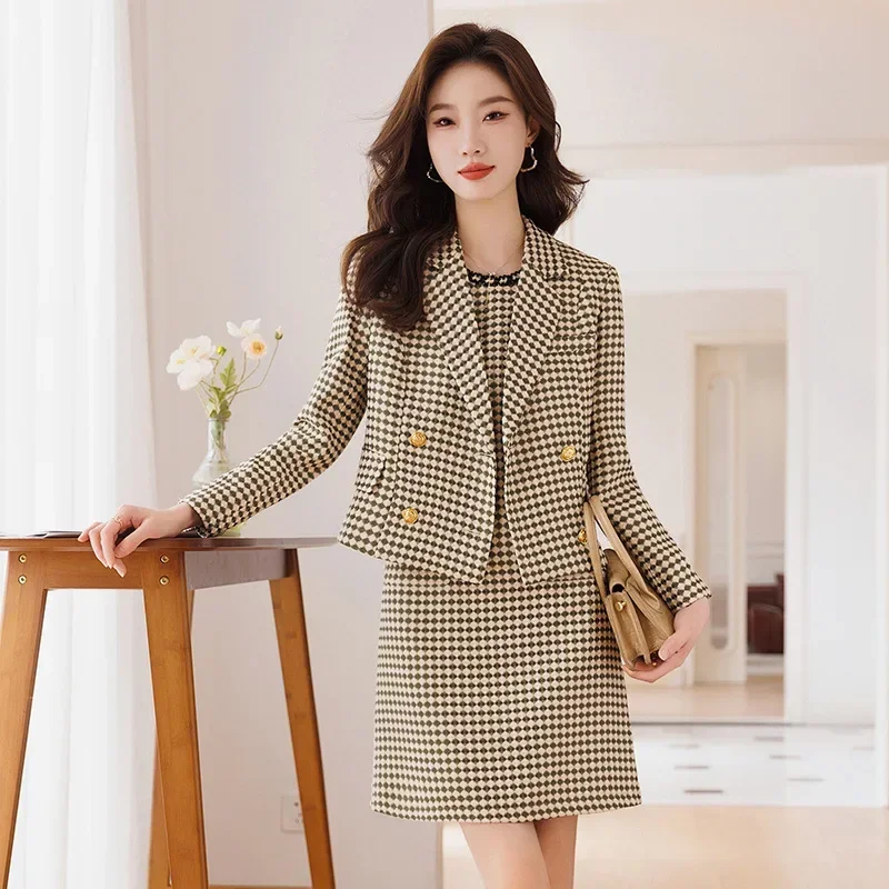 Plaid Women Suit Set Blazer+Prom Dress Female Spring Office Lady Business Work Wear Wedding Tuxedo Formal Casual Elegant Coat