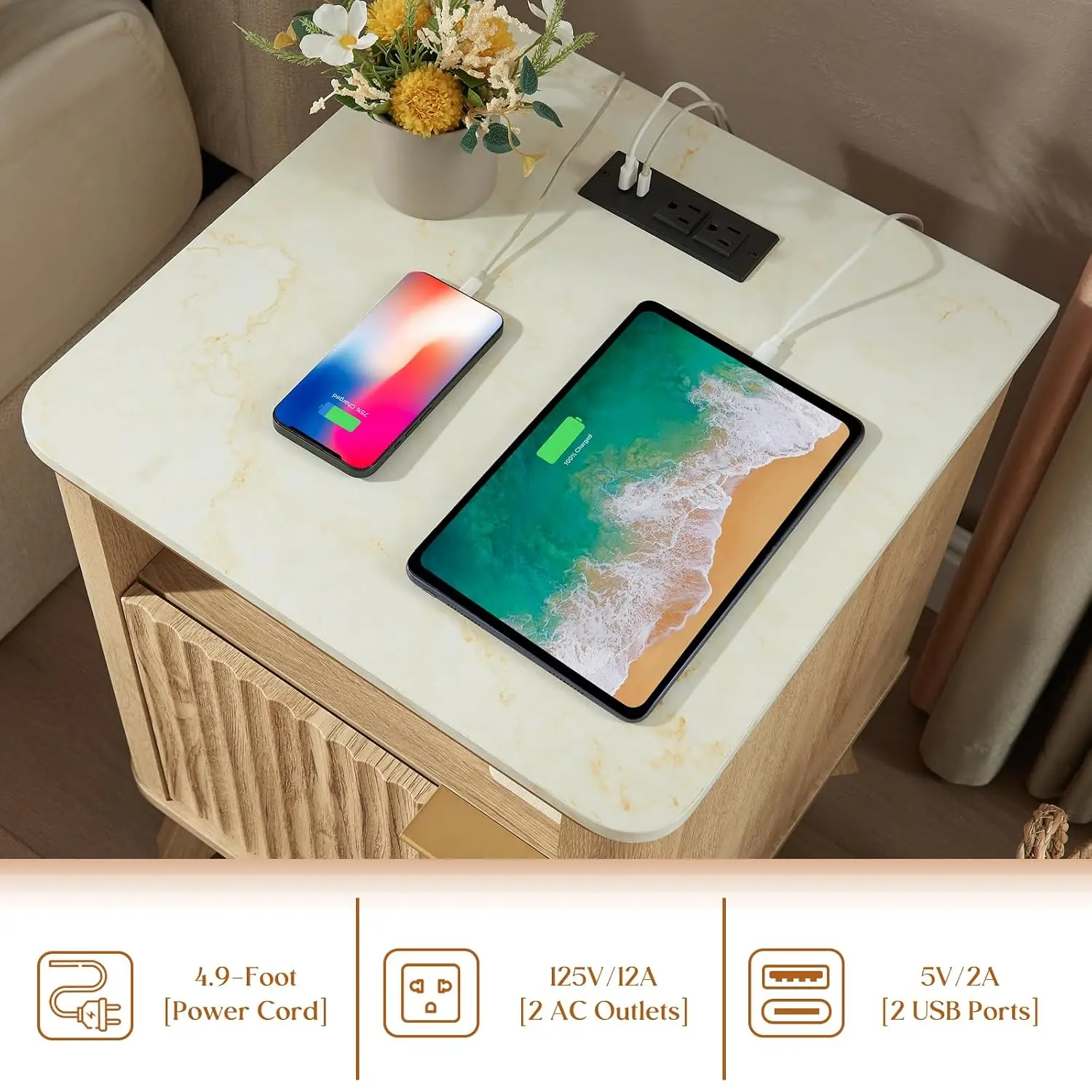 Fluted Nightstand with Charging Station, 18