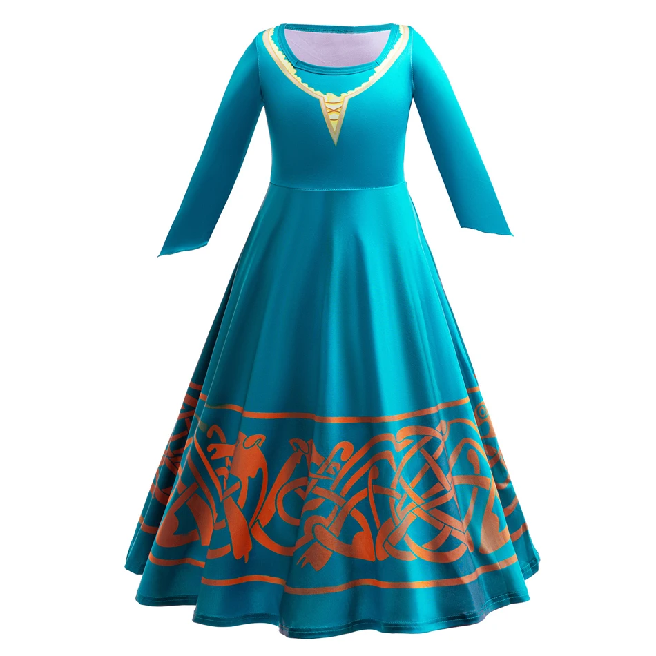 Brave Princess Dress Medieval Inspired Teal Cloak Dress + Curly Orange Wig + Archery Prop Costume for Kids Carnival Clothes
