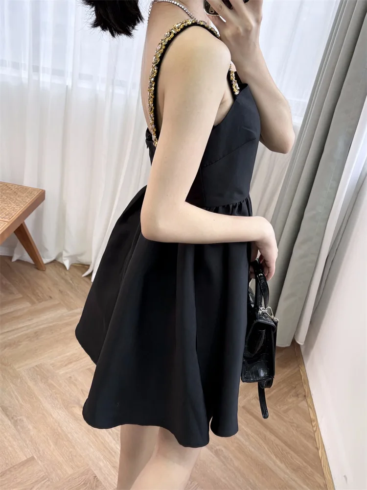 High End สีดําเพชรประดับด้วยลูกปัดหรูหราชุดสําหรับพรหมผู้หญิงแขนกุดอารมณ์ Elegant High เอวชุดปาร์ตี้ฤดูร้อน