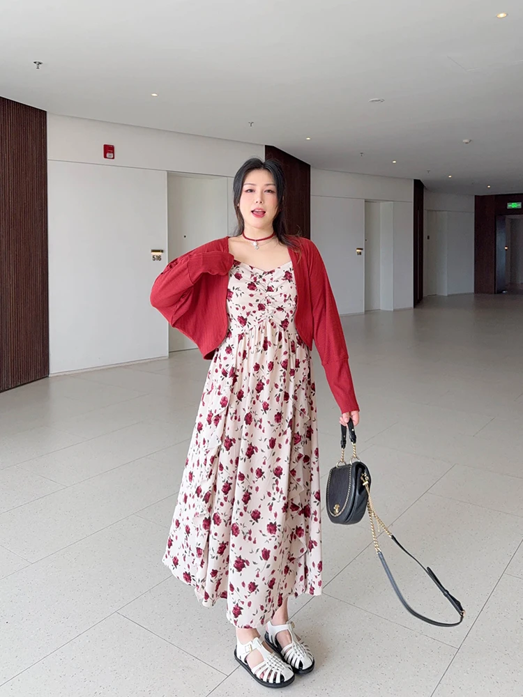 

VOGANA Large Size Spring Floral Two-Piece Set Slimming Strap Dr Cardigan Set Korean Sle High Waist A-Line Skirt