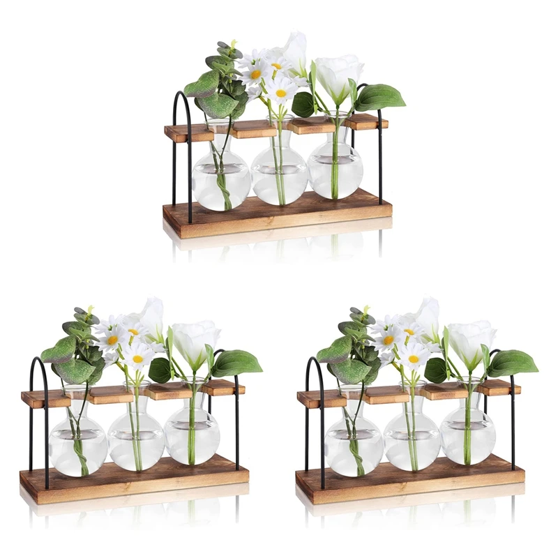 

3X Plant Propagation Station With Wooden Stand,Plant Terrarium Desktop Propagation Stations,Air Planter Bulb Glass Vase