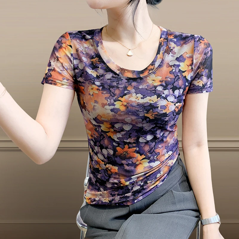 2025 New Women's Fashion Print T-Shirt - Slim Fit Stretchy Summer Tee Trendy Short Sleeve Top