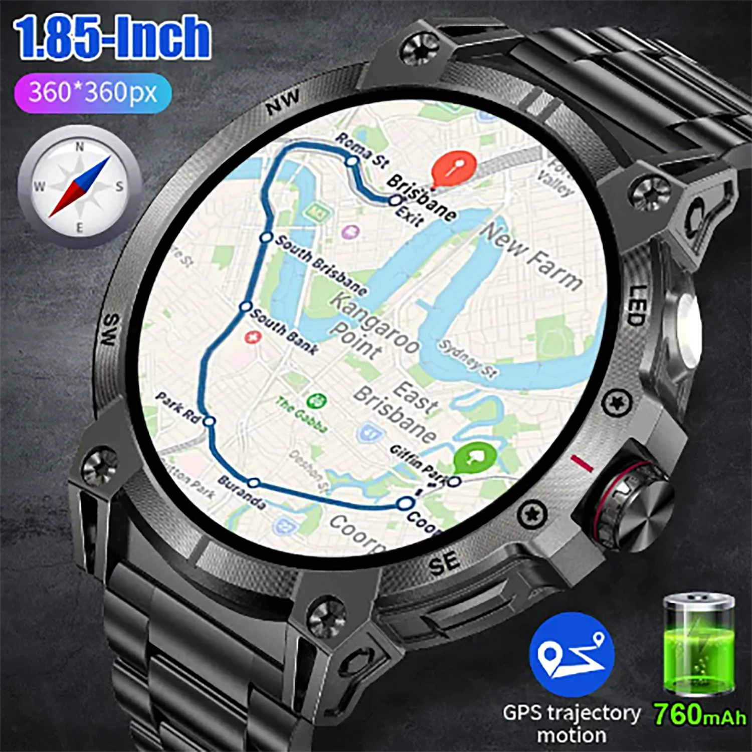 Outdoor Smart Watch 1.85-inch 760mAh SmartWatch GPS Compass Heart rate Blood oxygen BT call IP68 Waterproof Sport Smartwatch New