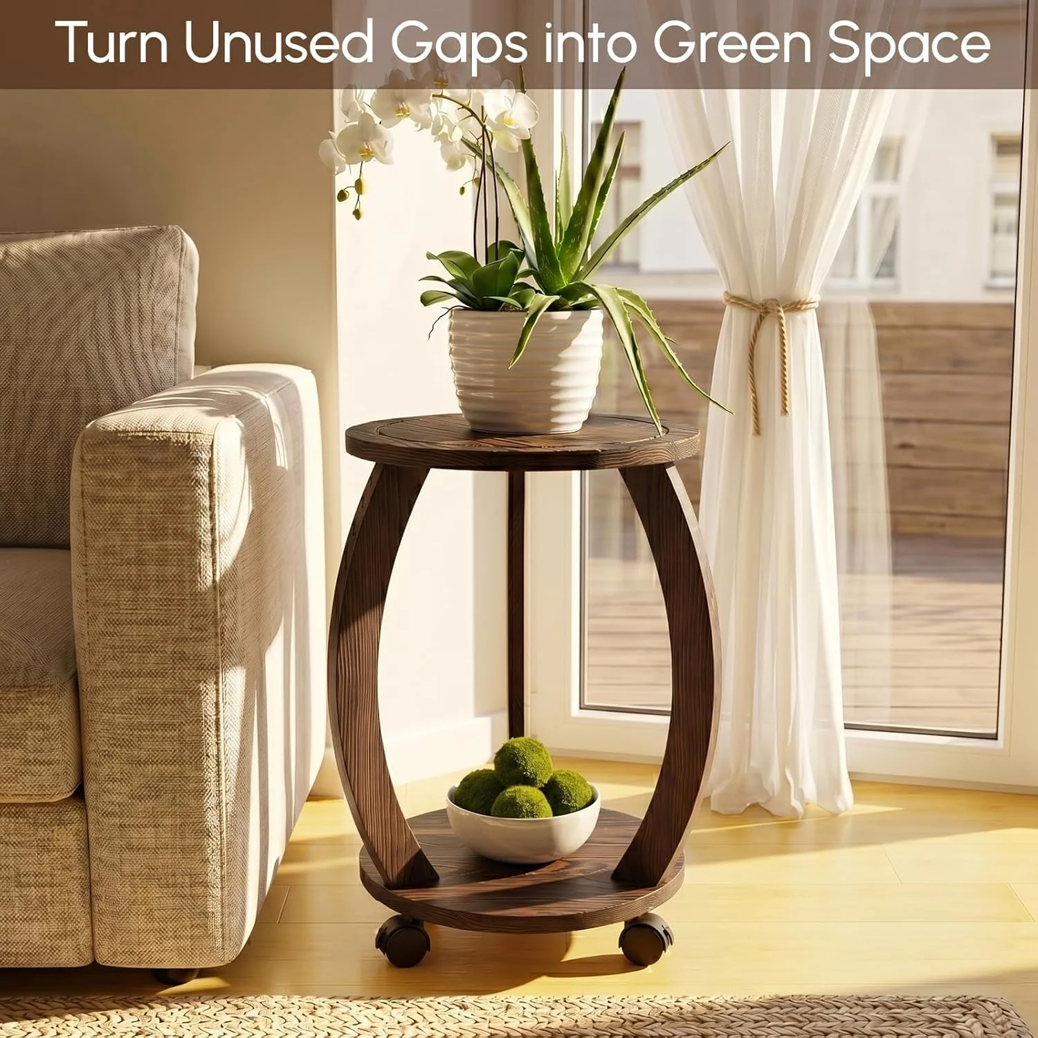 2 Tier Wooden Plant Stand Indoor with Wheels – Tall Plant Stand for 6-12 Inch Pots, Mid-Century Modern Rustic Plant Table Indoor
