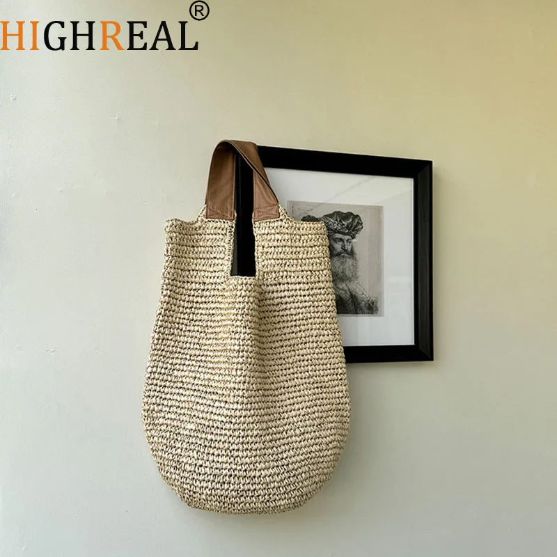 

Women Beach Vintage Handmade Woven Shoulder Bag Raffia Rattan Shopping Bags Bohemian Ladies Summer Travel Vacation Casual Totes