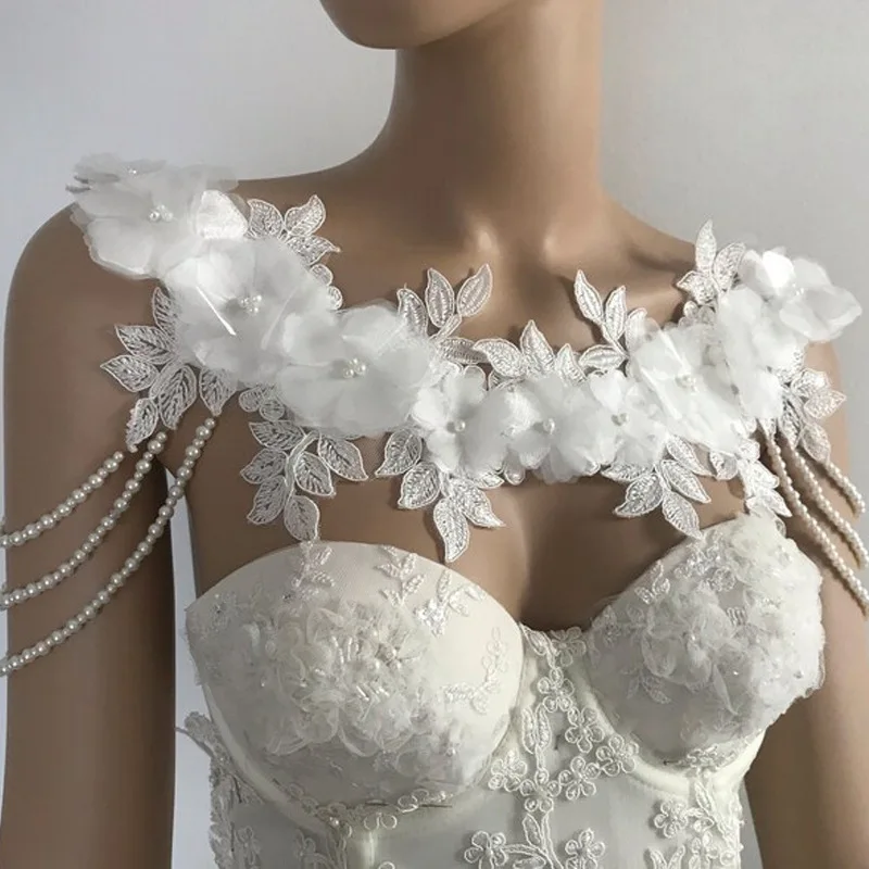 Veste Élégante en Dentelle pour Patients, avec Perles Appliquées, Accessoires Ronds pour Robe de Mariée, sur Mesure