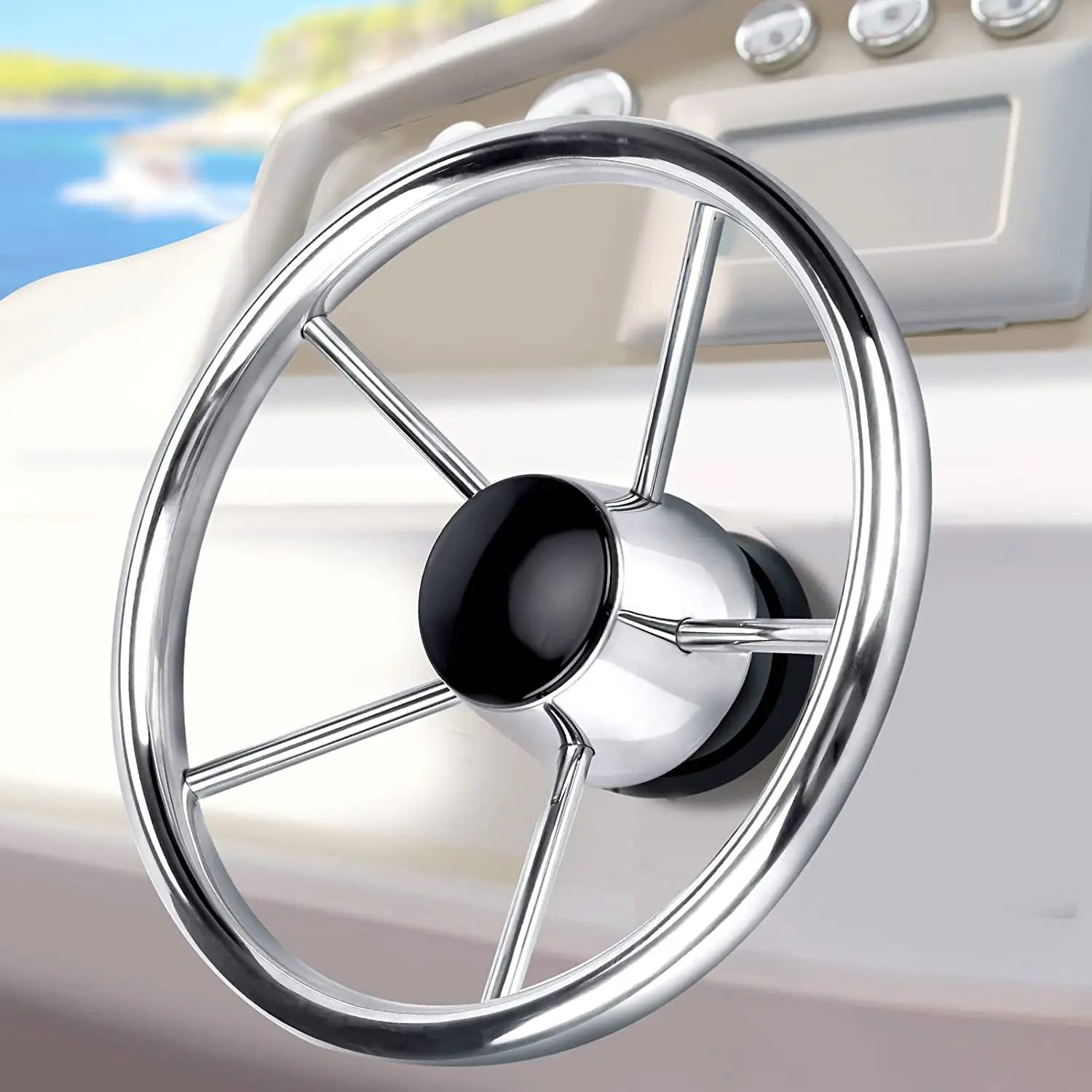 

Boat Stainless Steel Steering Wheel Mirror Polished 11 /13.5 /15.5 Inch 5 Spoke Destroyer For Yacht Marine Accessories