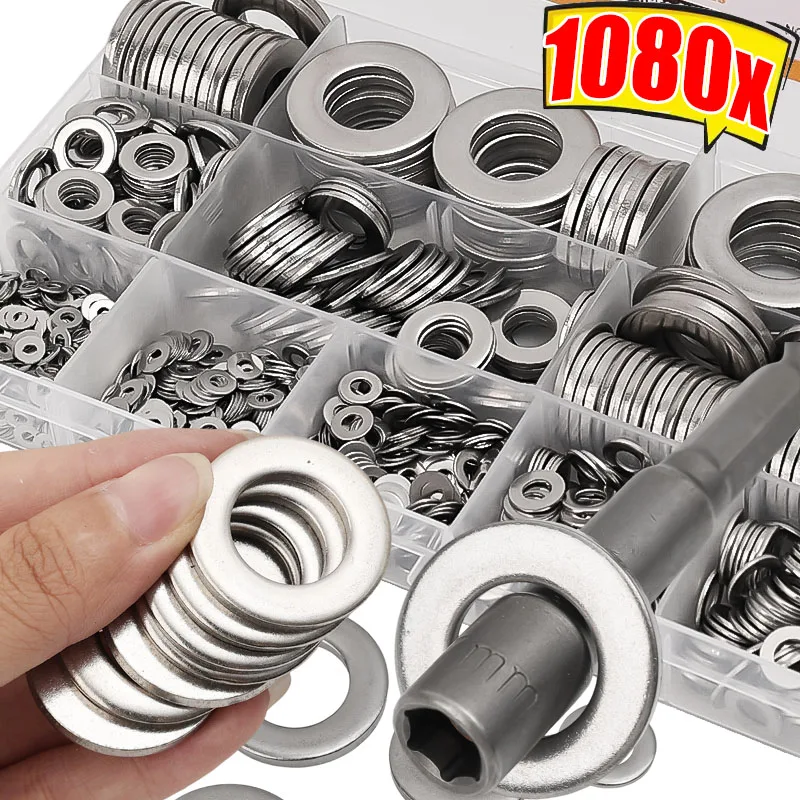 Juego de arandelas planas de acero inoxidable M2-M16 Arandelas de tornillo de metal Anillos Juntas lisas Kit surtido de herrajes de sujeción para reparación