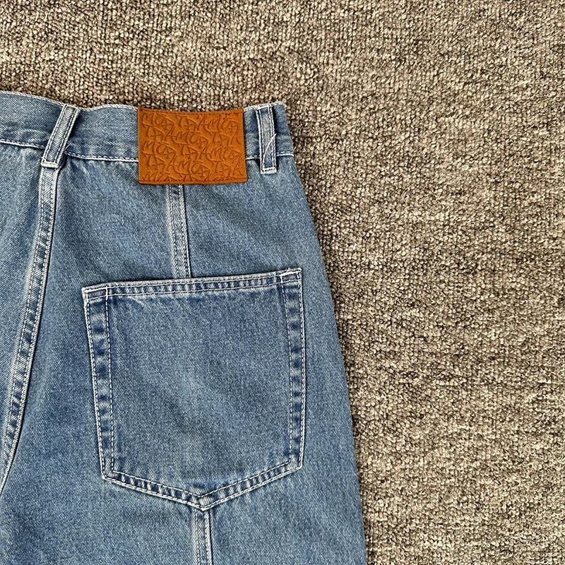 Celana Jeans Pendek Kasual Pria Wanita Model Patchwork Splicing Biru Kualitas Terbaik Bordir Logo Mertra Denim Dengan Label