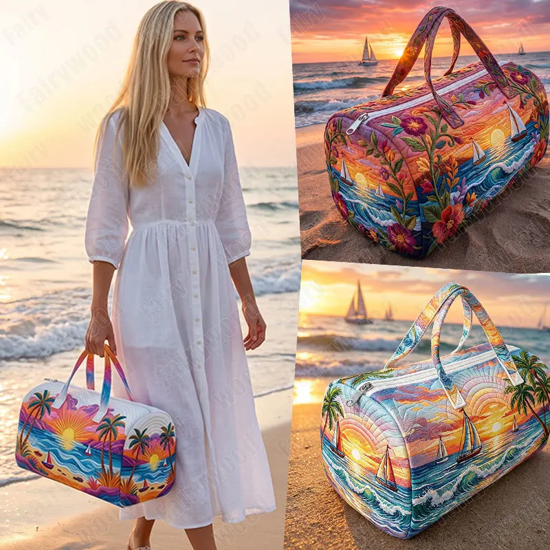 Tropical Sunset Beach Print Handbag for Travel Palm Tree Women Large Capacity Storage Duffle Bag Multifunctional Bag Shoe Holder