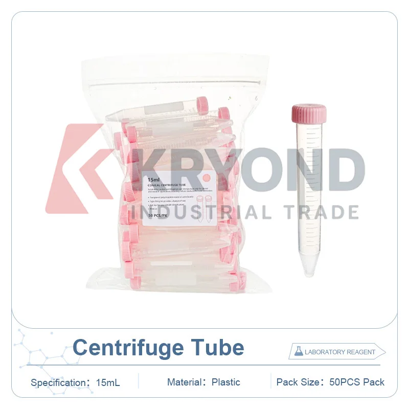 Pink Centrifuge Tube 15mL Screw Cap Conical Bottom Plastic Sample Container 50pcs Pack Laboratory Storage Research Series Model