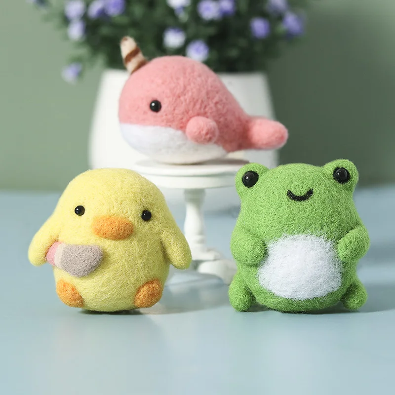 DIY No Finish Cartoon Whale Bee Frog Chick Animal Wool Felt Craft Poke Handmade Needle Wool Kit Toy Doll For Kids Women Beginner