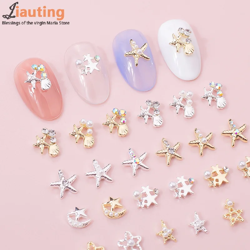 10Pcs Hollow Star Nail Art Charms 3D Alloy Five-Pointed-Star Silver Crystal Diamond Nail Decoration Luxury Manicure Accessories