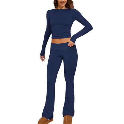 Women 2 Piece Outfit Flare Pants Set Solid Color Long Sleeve Crew Neck Cropped Top Women With Low Waist Falred Pants Lounge Set