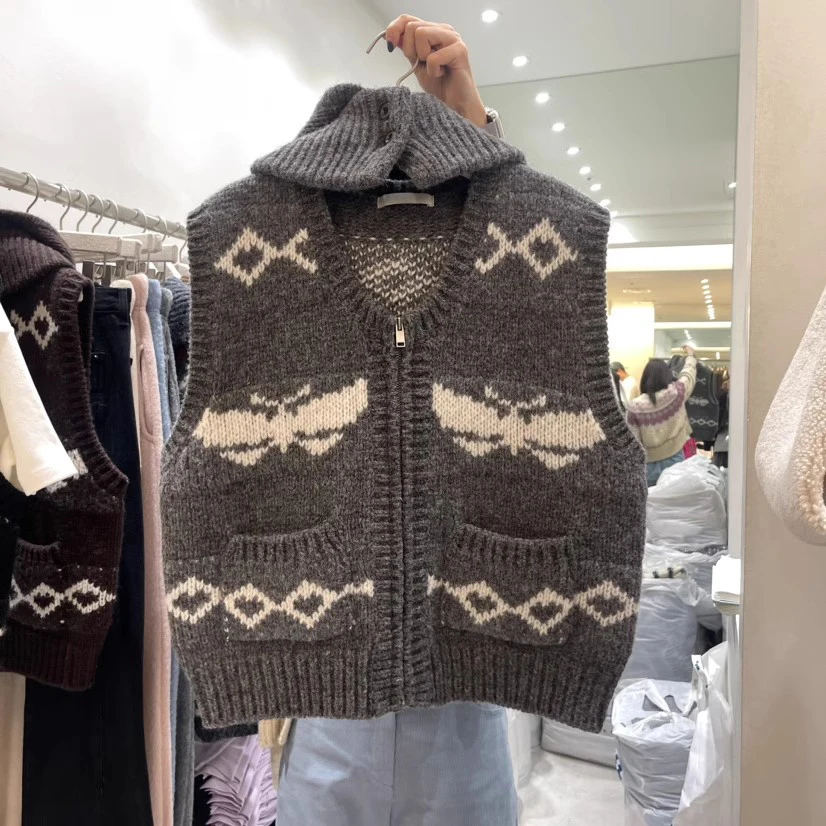 

American Retro Hooded Zipper Pattern ket Knitted Vest Women's ort Length Commute Sle Faion Spring Summer New Arrival