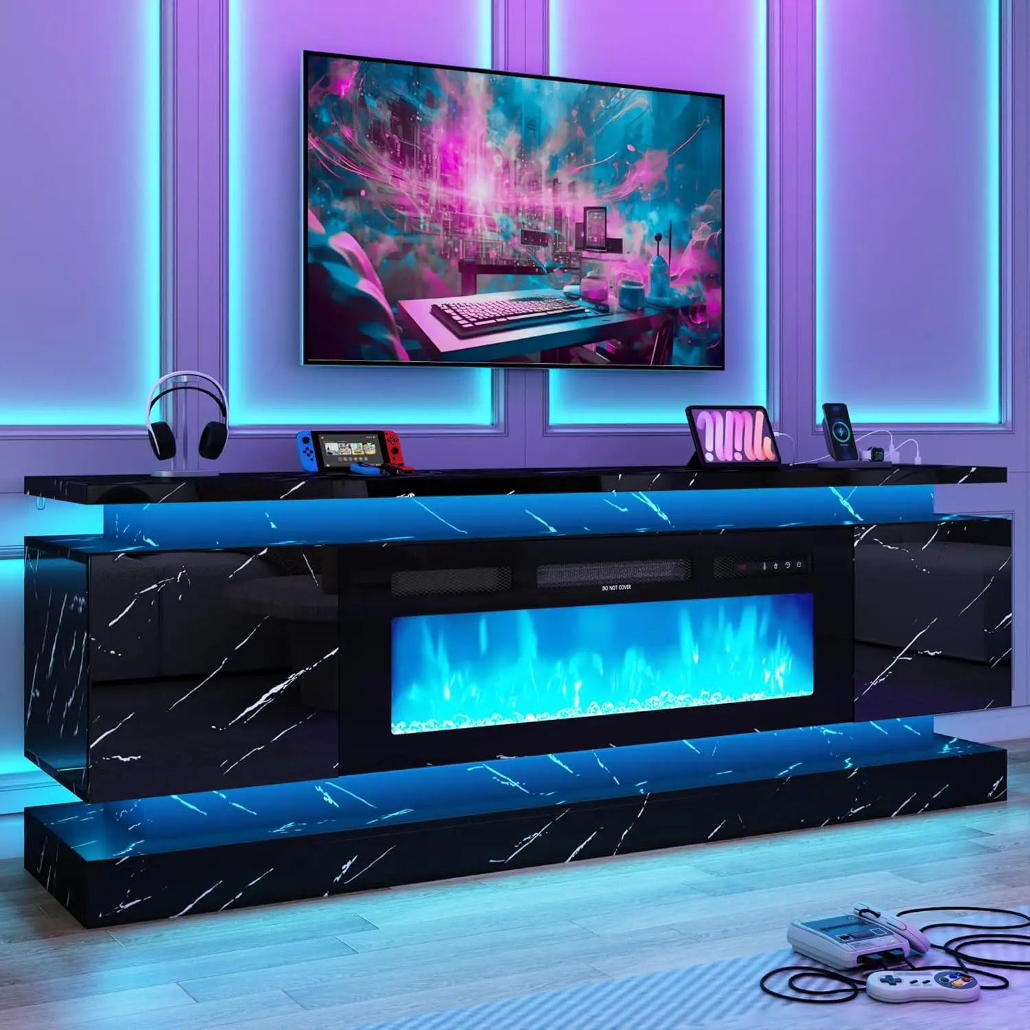 71IN LED TV Stands w/40 inch Fireplace Power Outlet for 85/80/75 Inch TVs,High Glossy Modern TV Media Console Gaming, view 3