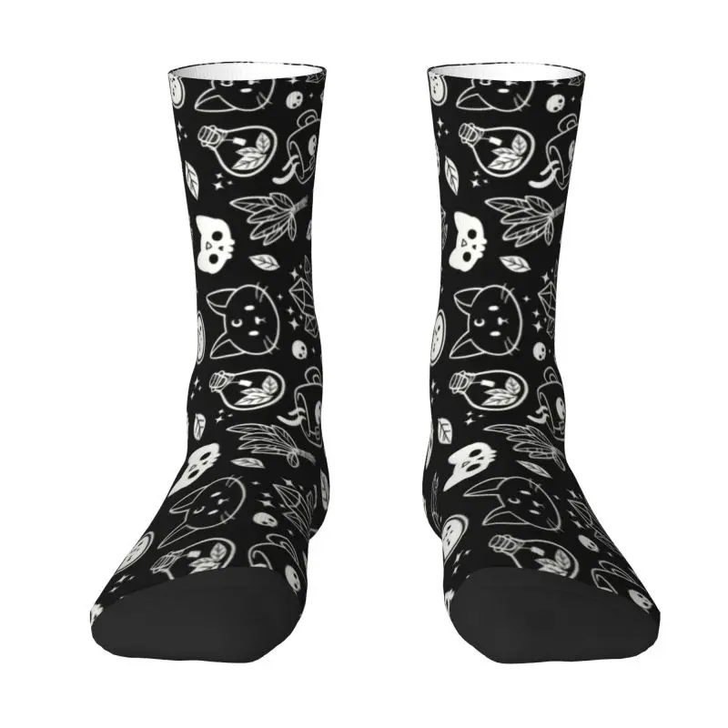 Cute Printed Witch Socks for Men Women Stretch Summer Autumn Winter Halloween Cat Skull Crew Socks
