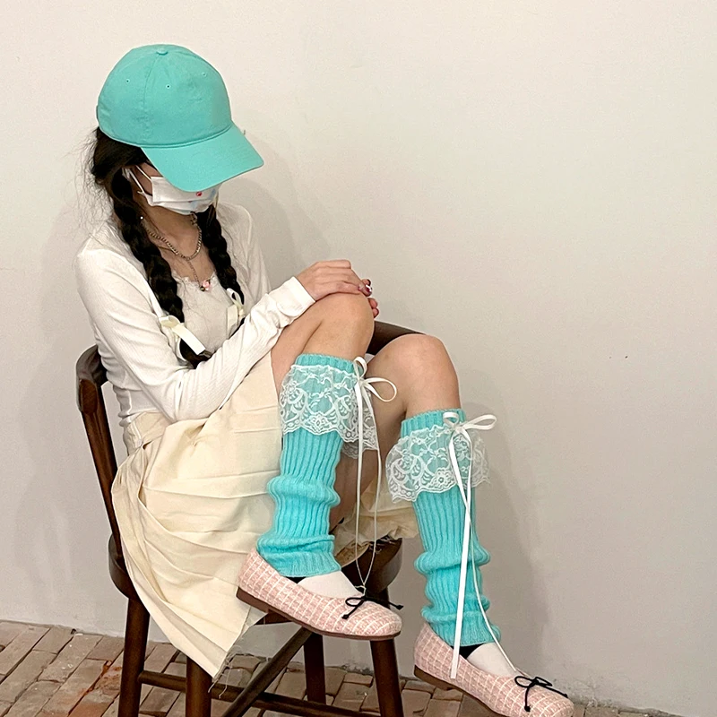 Calentadores de piernas con lazo japonés para mujer, calentadores de piernas con cinta, calcetines largos, calcetines Kawaii Y2k Jk, cubierta de pie de punto