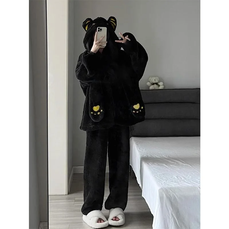 

plus Size Coral Fce Pajamas Women's Thiened Fluffy Spwear Home Clothes Set Winter Warm Cartoon Design Outfit