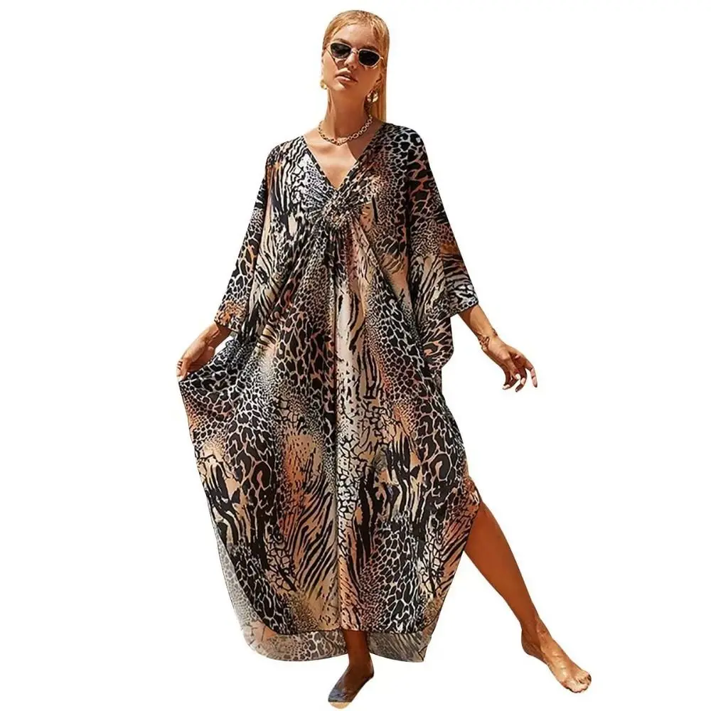 Fashion Boho Bikini Cover-ups Leaves Print Oversized Beach Cover Up Open Front Long Dress Beachwear For Women