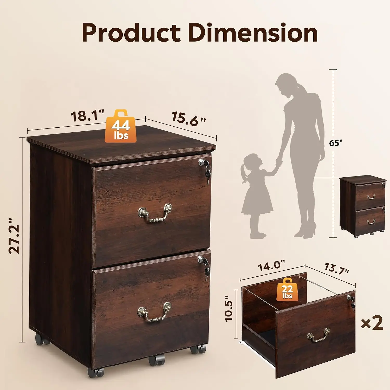 2 Drawer File Cabinet, Wood File Cabinet with Lock, Brown Oak