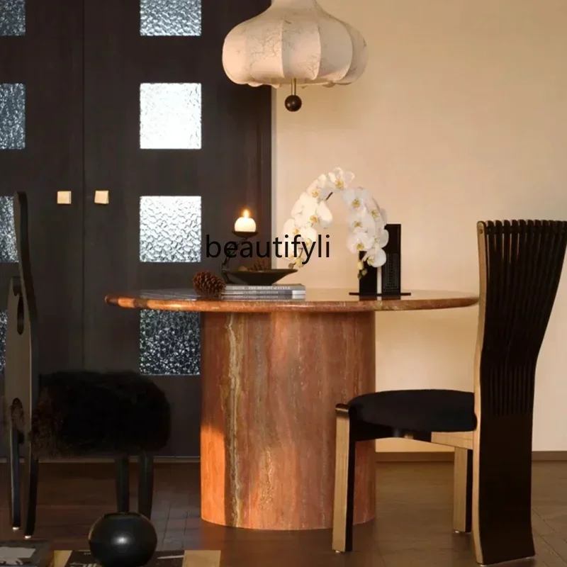 

Natural Cave Stone round Table Stone Red Cave Stone Mid-Ancient Retro Misty round Dining Table Nordic French Dining Table