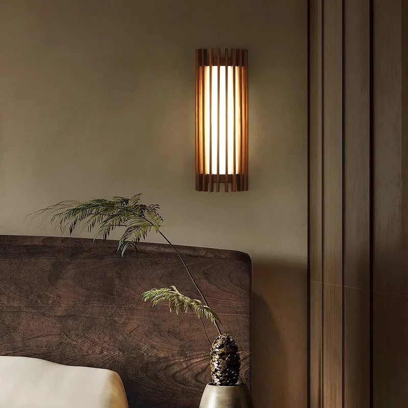 Imagem -02 - Wabi-sabi Estilo Walnut Wood Grid Wall Sconce Lights Simples Luzes Modernas para Quarto Cabeceira Sala de Jantar Corredor