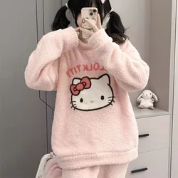 Hello Kitty Winter Round Neck Velvet Pajamas Thick Warm Cute Y2k Girl Style Pink Sleepwear Women's New Trend Casual Home Clothes