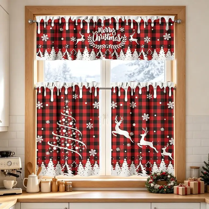 VIKAMA Christmas Curtain Set Red Black Plaid Merry Christmas Reindeer Snowflake Kitchen Window Valance Tier Curtain Home Decor