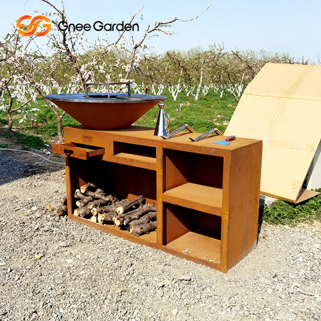 Modern Corten Steel Fire Pit BBQ Grill with Trolley for Outdoor Use