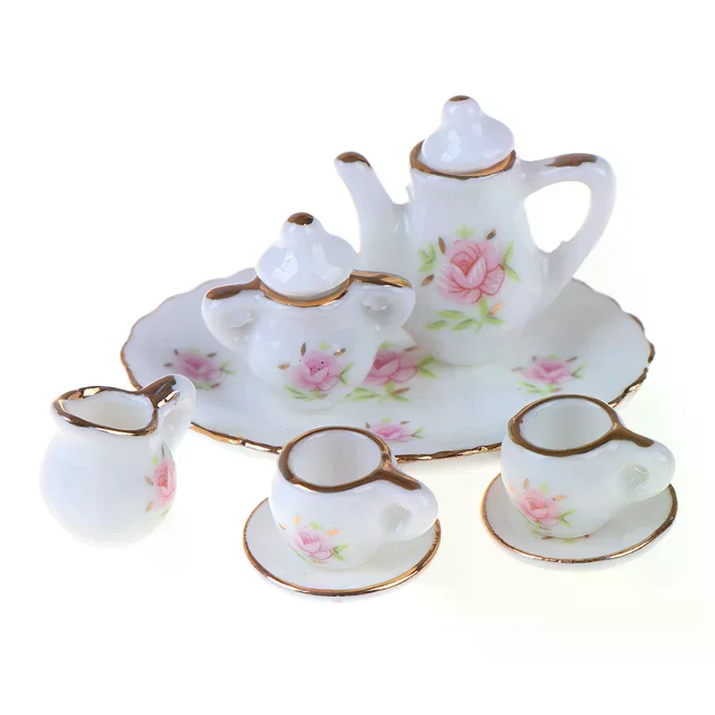 8 قطعة 1/12 دمية مصغرة أدوات الطعام الخزف طقم شاي أكواب طبق #4