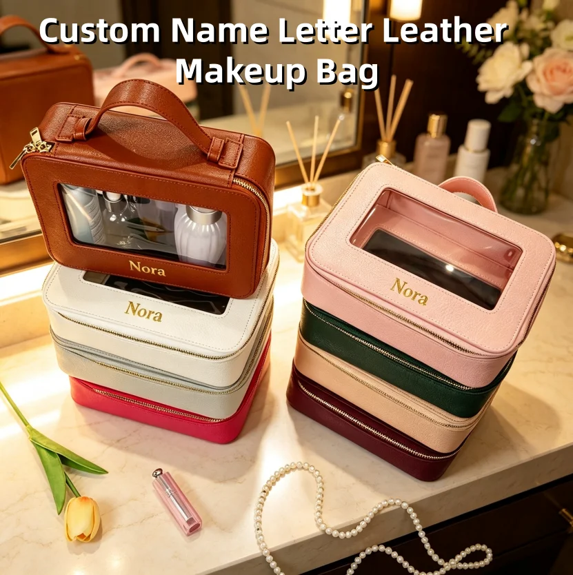 Customized Name Premium Leather Makeup Bag, Waterproof Makeup Brush Storage Bag, Portable Transparent PVC TPU Storage Bag