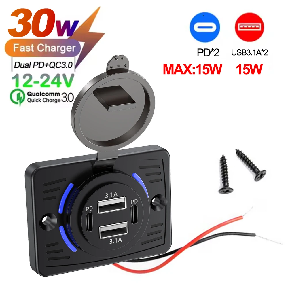 Wandmontierter Ladegerät-Adapter, 2–4 Ports, USB-Steckdose, QC 22,5 W PD 30 W Typ-C-Schnellladung, QC3.0-Panel, Bus, ATV, LKW
