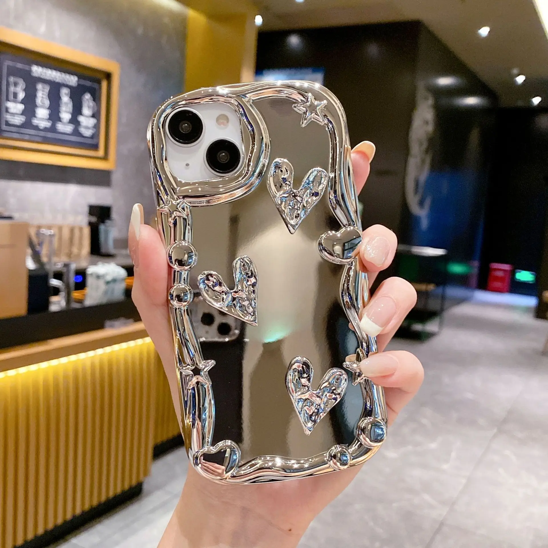 Electroplated mirror for iPhone15 mobile phone case love bracelet for Apple 13/14 Silver bear anti-fall soft shell