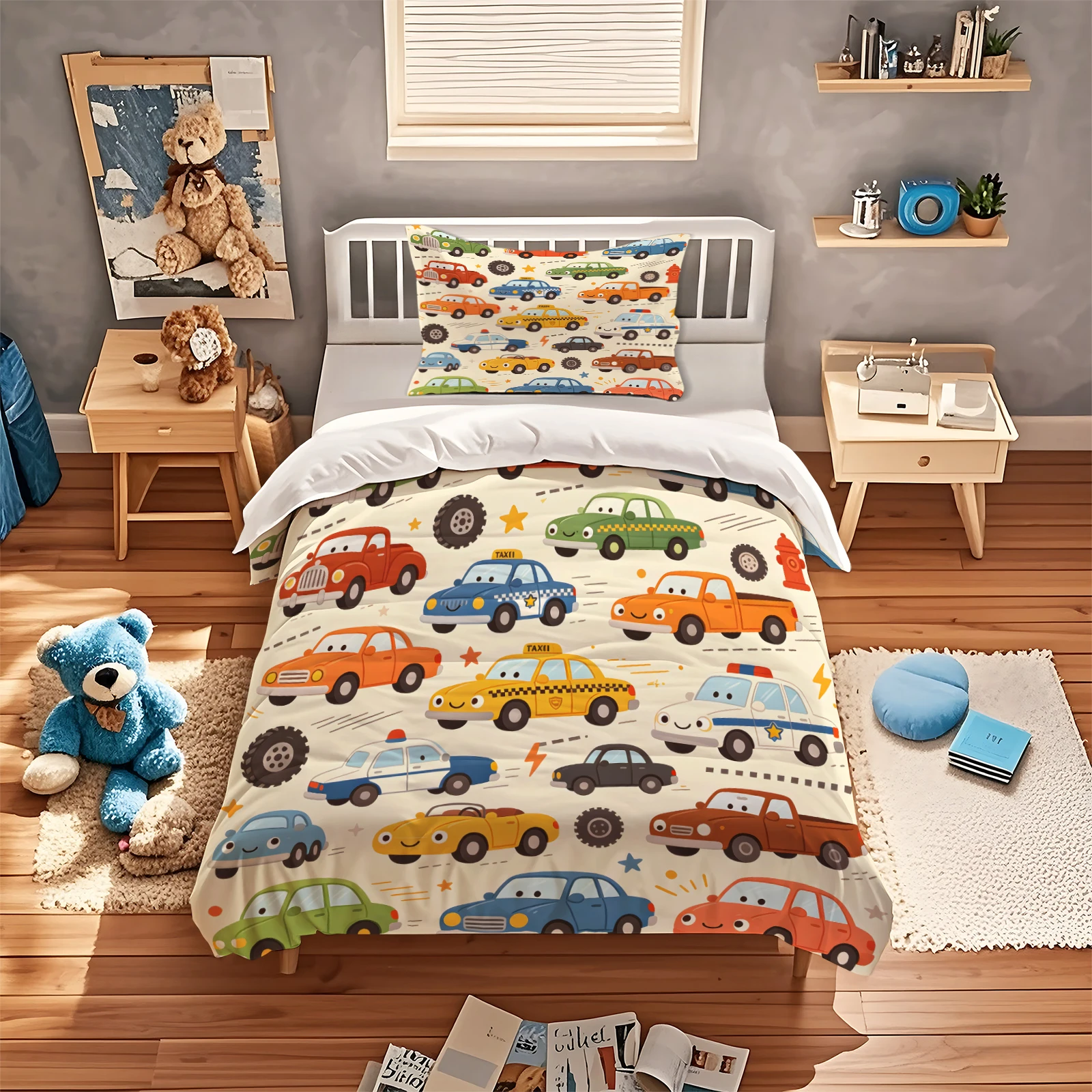 Cartoon Vehicle Duvet Cover Set Colorful Car Taxi Police Truck Print Bedding Set Zipper Soft Duvet Cover with Pillowcases Decor