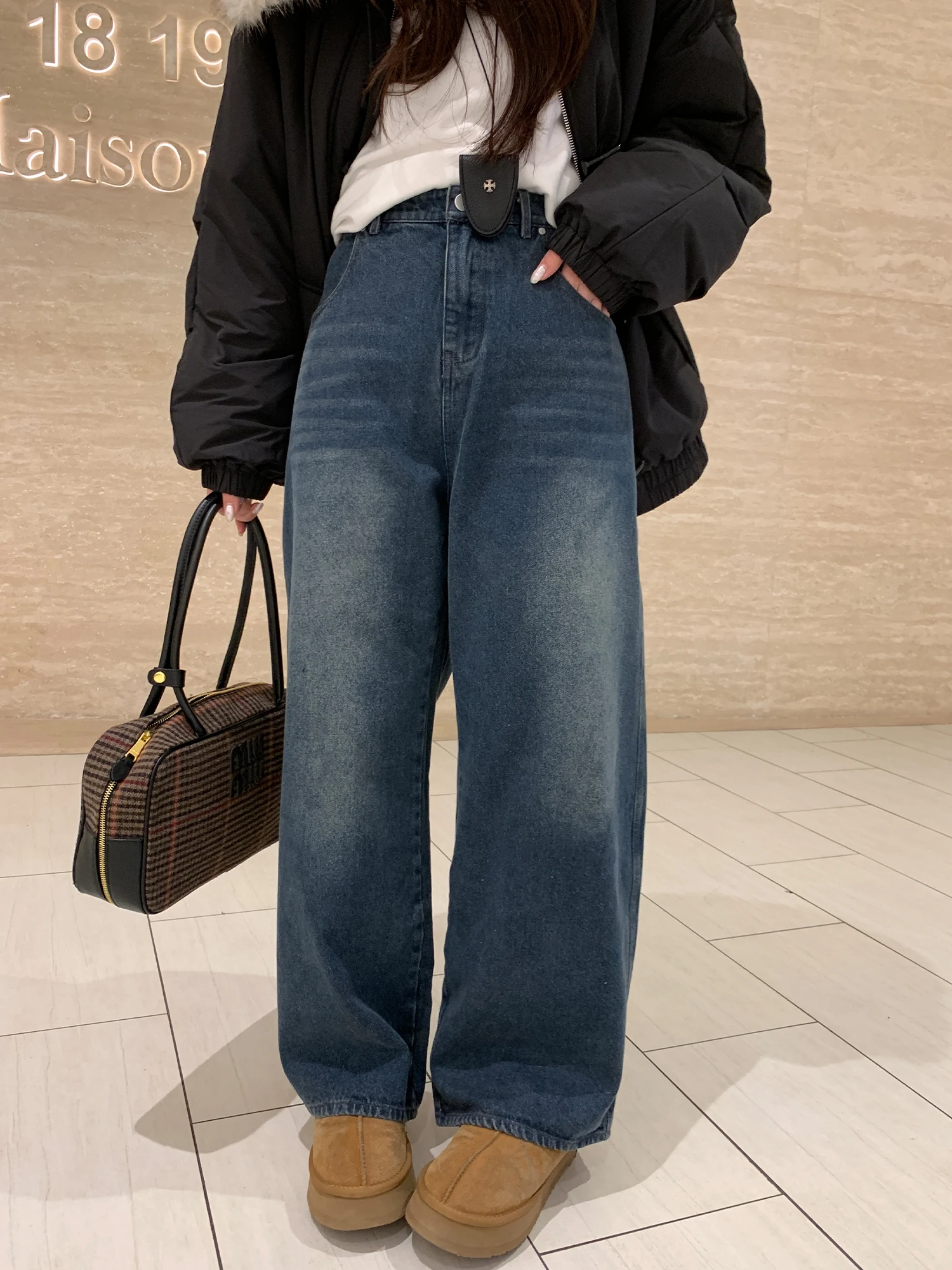 

Retro Waed Blue Jeans High Waist Loose Wide Leg Pants Women's Vintage Faion plus Size Winter Denim High Waist Loose Fit