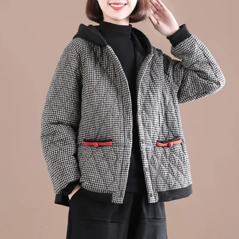 Women\'s Plaid Hooded Padded Jacket Autumn Winter Warmth Jacket Parka Retro Korean Fashion Free Shipping Wholesale Cropped Top