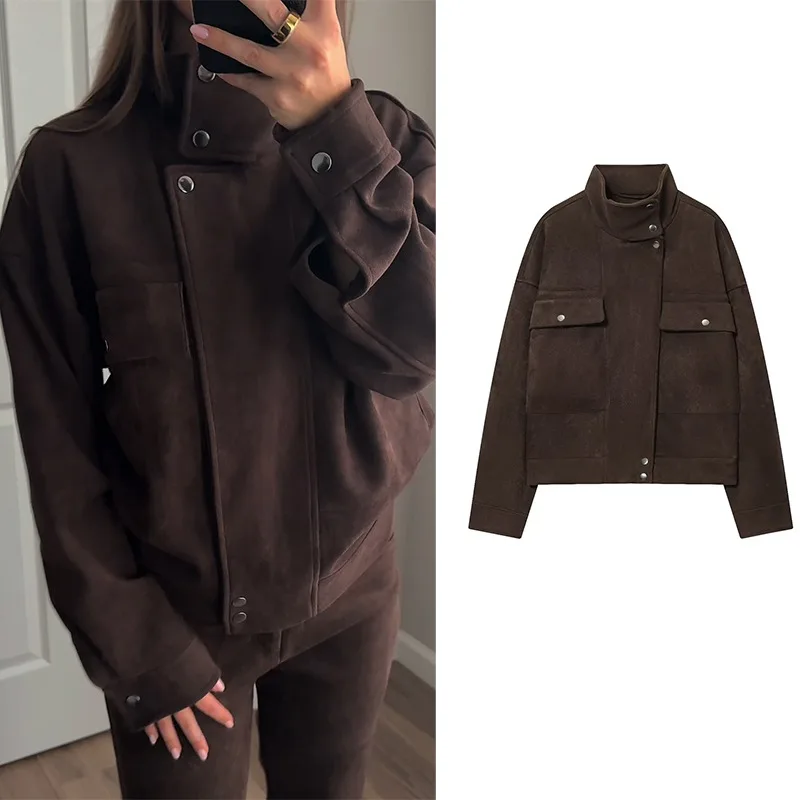 CharmChant Brown Zipper Suede Jacket For Woman New In Winter Coat Female Streetwear Vintage Bomber Jacket Long Sleeve Outerwears