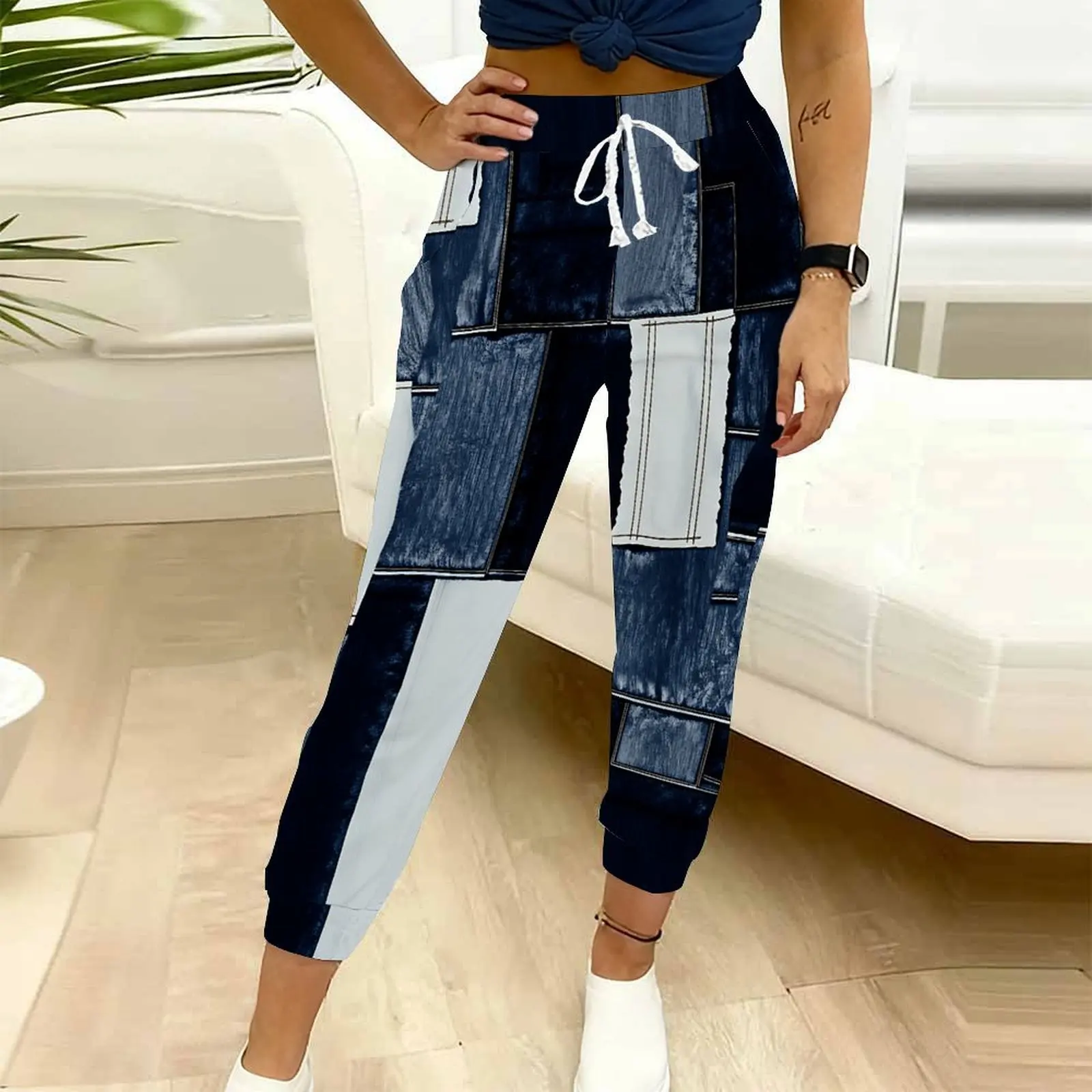 Autumn Winter Fashion Printed Ninth Pants Casual Drawstring Design Pants Women Casual Sport Pants