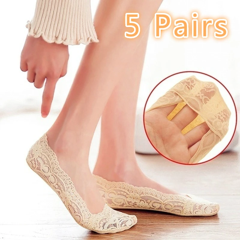 5pair/pack Boat Socks Girls Cotton Invisible Anti-slip Ankle Socks No Slip Woman No Show Socks Non-slip Women Girls Lace